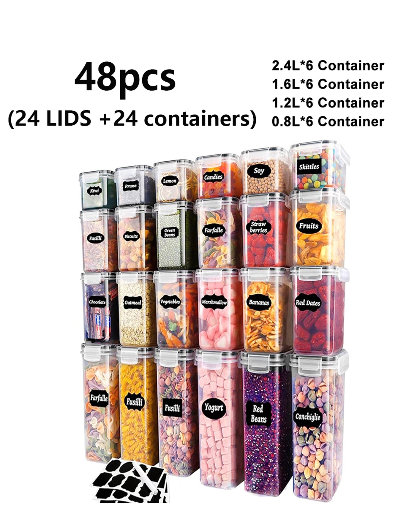 48pcs,Sealed food storage containers with LIDS, plastic kitchen pantry, dry cargo jars of lactose, grain, flour, sugar, labeled